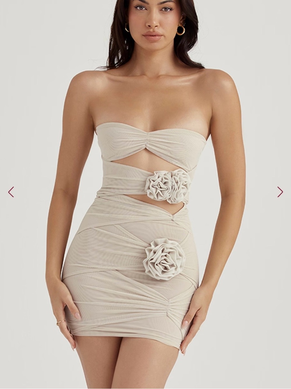 House Of CB CATERINA Fog Floral Embellished Mini Dress Strapless Beige Medium